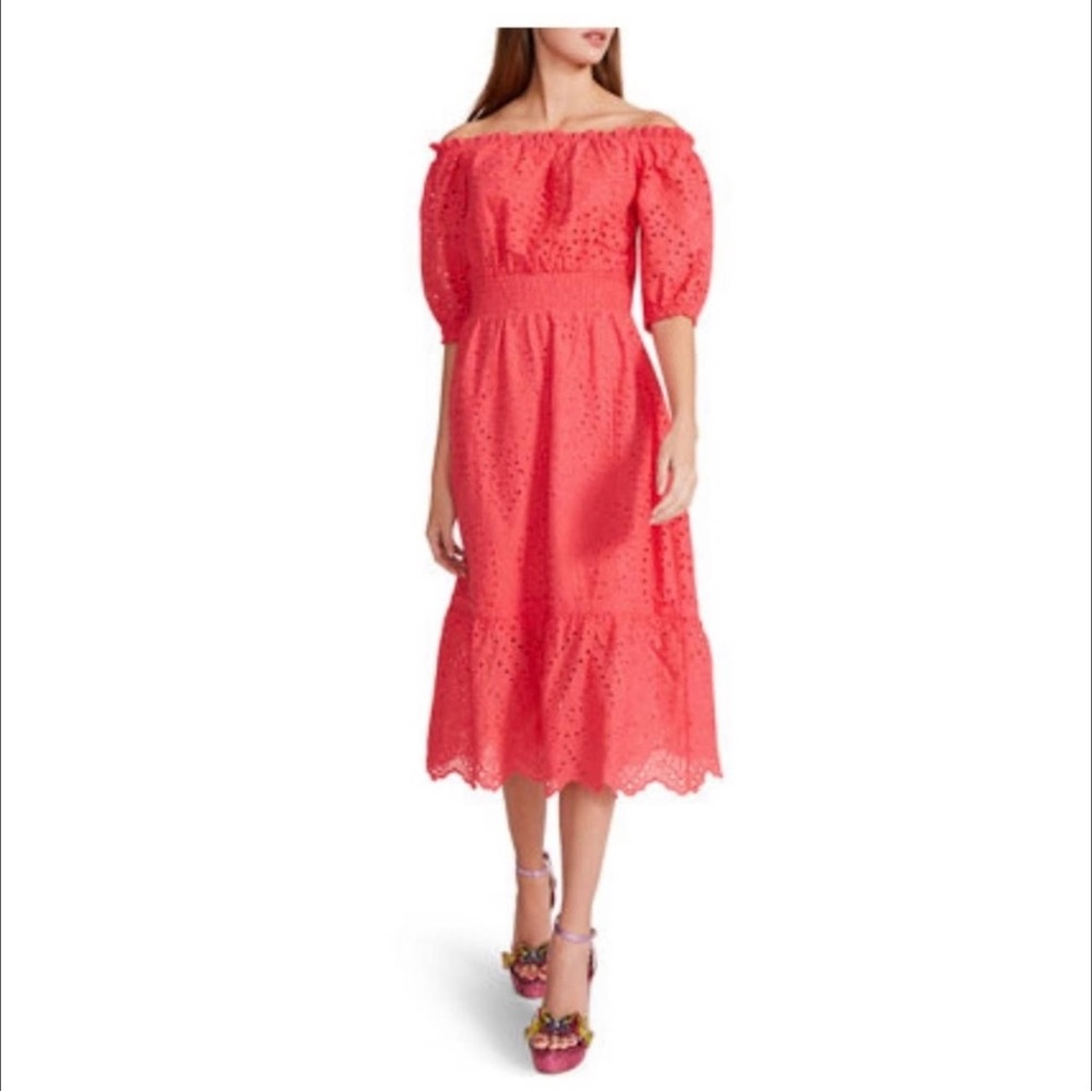Betsey Johnson Dress Off The Shoulder Eyelet Paradise Pink Coral Tiered Hem